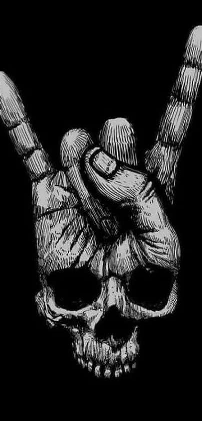 Rock hand skull illustration on black background.