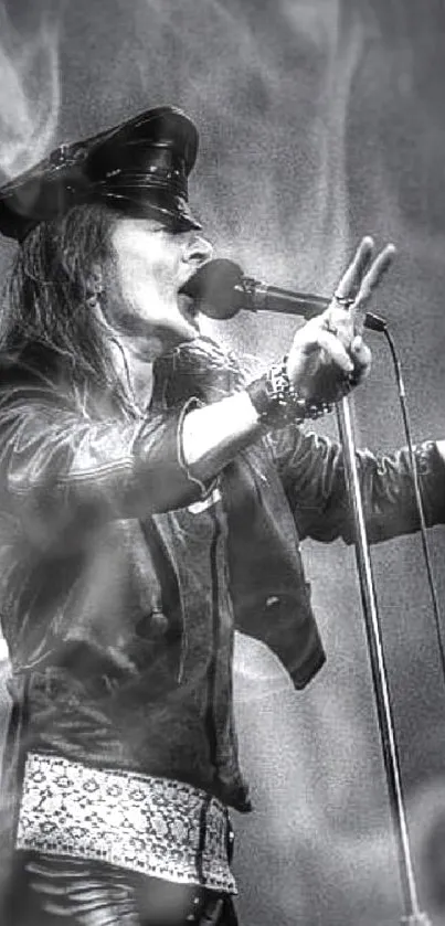 Black and white image of a rock singer energetically performing on stage.