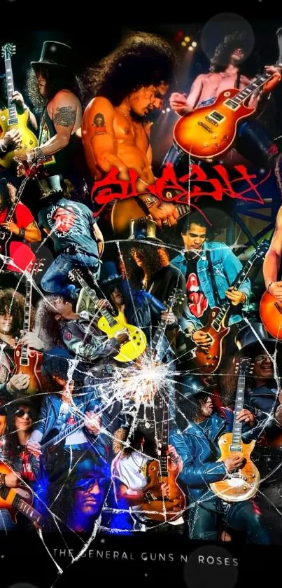 Vibrant collage of rock legends with guitars and dynamic energy.