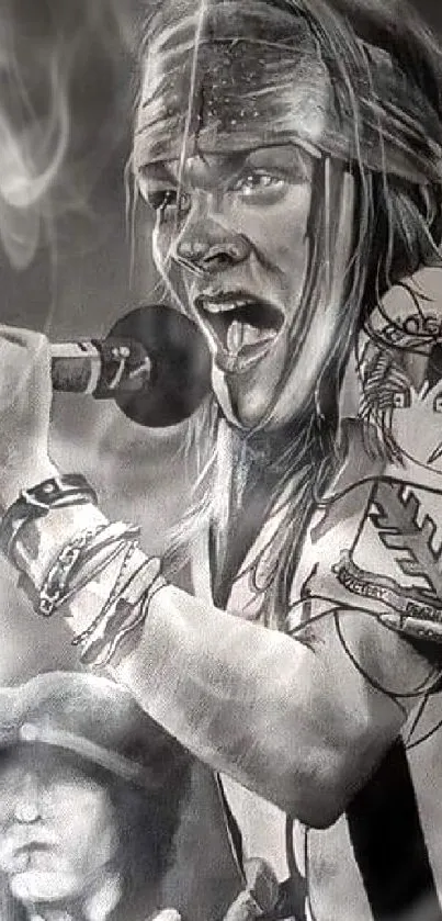 Black and white artwork of a rock singer performing live on stage.