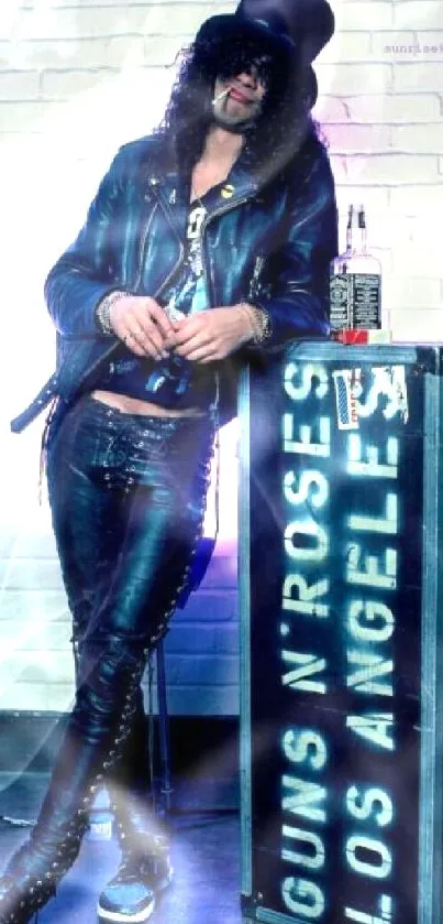 Rock musician in leather jacket leaning on music equipment case.