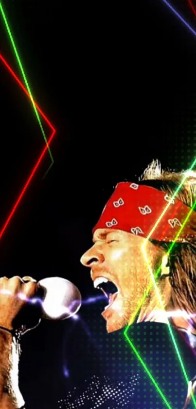 Rock legend singing with neon lights background.