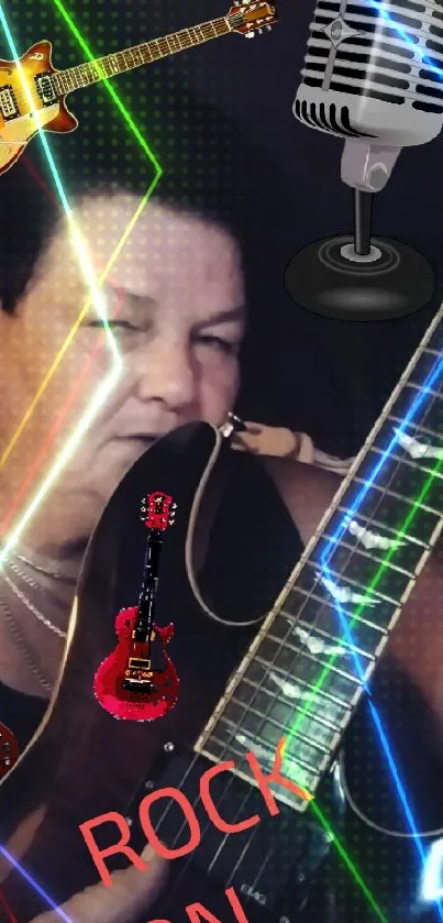 Rock music wallpaper with guitars and microphone.
