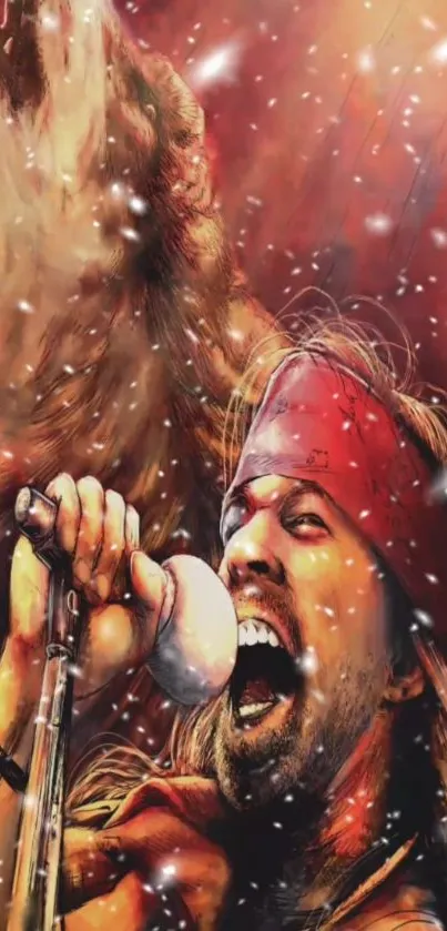 Artistic depiction of a rock singer performing with passion in vibrant red tones.