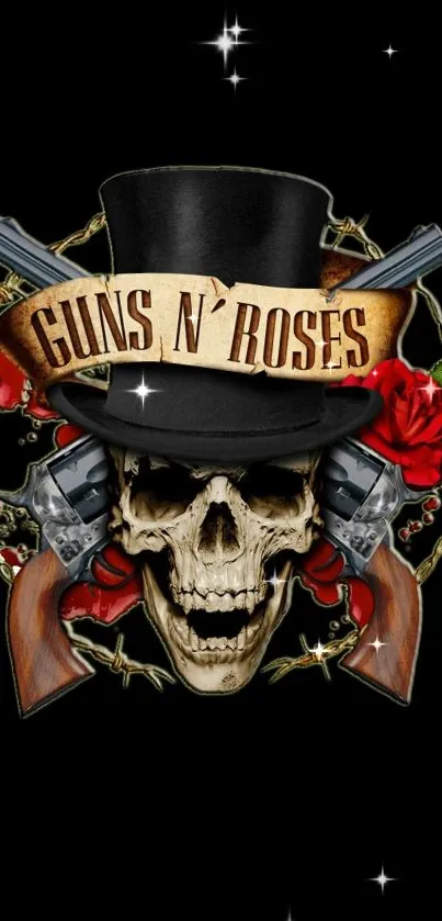 Rock-themed skull with guns and roses on black background.