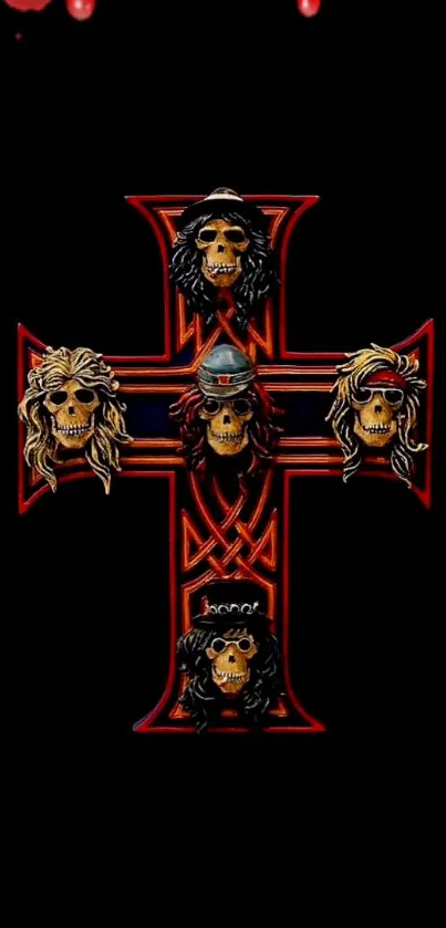 Gothic rock skulls forming a cross on black background.