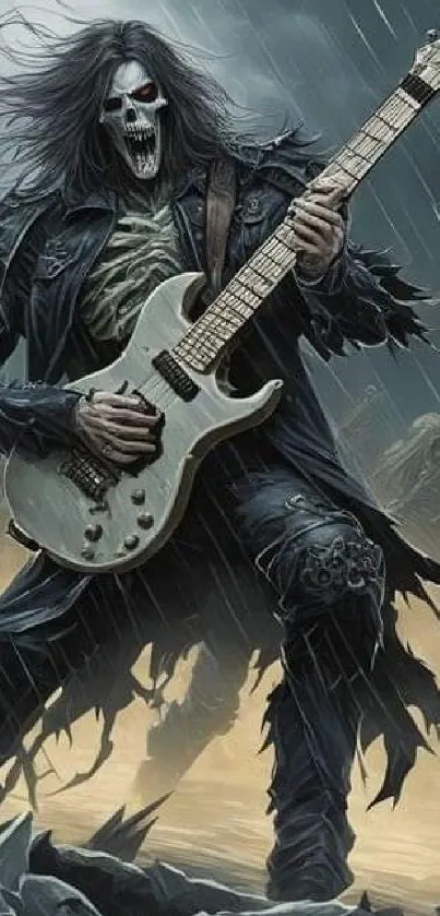 Skeleton guitarist in the rain, electrifying rock art.