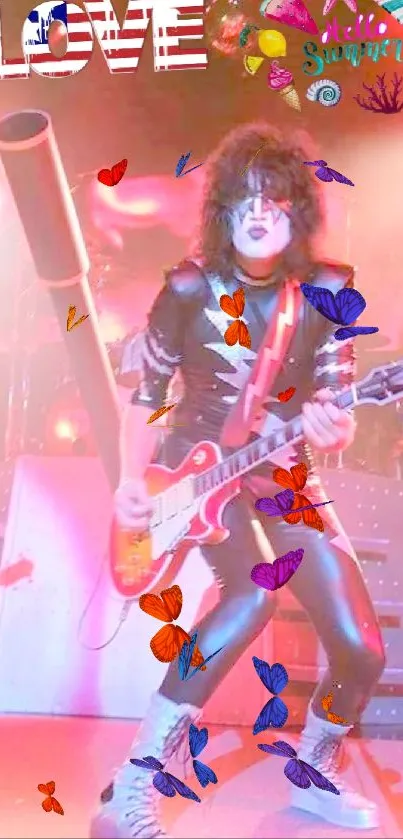 Guitarist on stage with vibrant lights and rock costume.