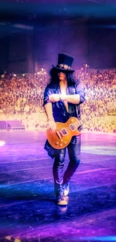 Rock star with guitar on stage, vibrant purple and gold hues.