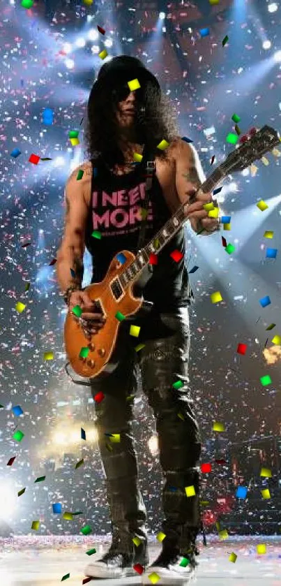 Guitarist performing on stage with confetti and lights.