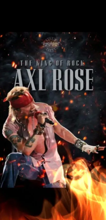 Rock star performing on stage with fiery background.