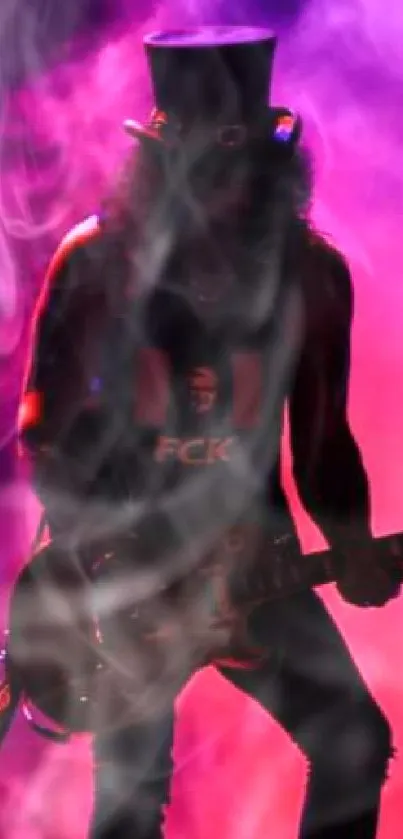 Rock star silhouette in red and purple mist on stage.