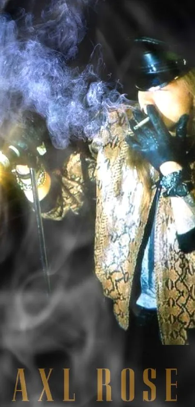 Musician standing with microphone and smoke effect.