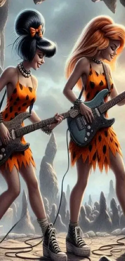 Cartoon characters playing guitars in a vibrant retro style scene.