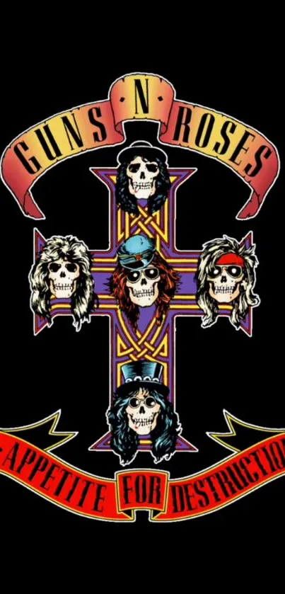 Edgy rock band design with skulls and cross for phone background.