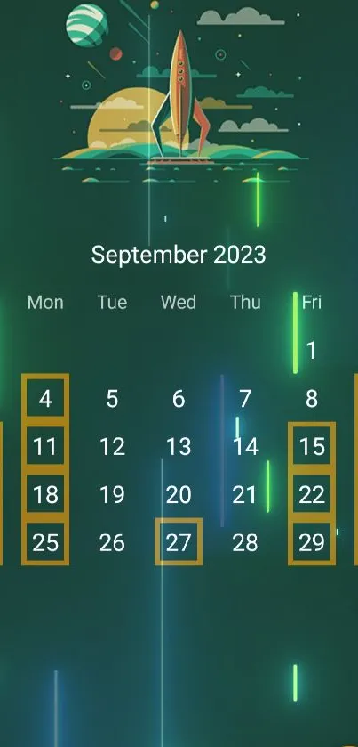 Green rocket-themed calendar wallpaper, September 2023 with a space design.