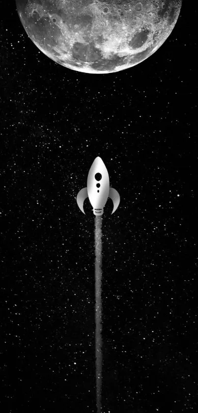 Rocket flying towards the moon in starry black and white space.