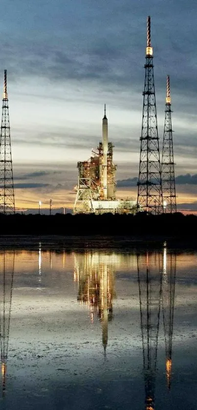 Mobile wallpaper of a rocket launch at dawn with reflections in water.