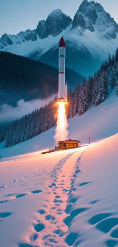 A rocket launching over snowy mountains at dawn, creating a stunning visual scene.