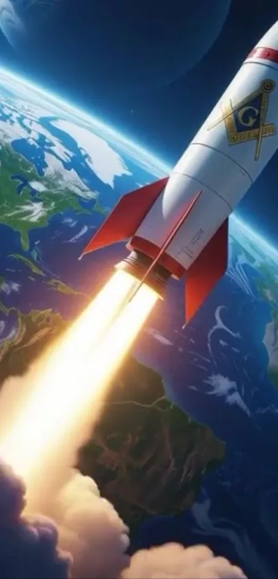 Rocket launching into space above Earth, viewed from space.