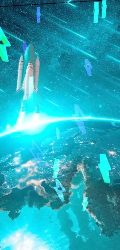 Vibrant cyan wallpaper of a rocket launching from Earth into space.