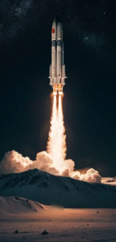 Rocket launch under a starry night sky with vibrant exhaust flame.