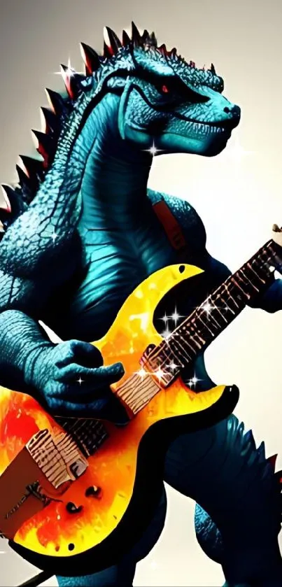 Dinosaur playing guitar in vibrant art wallpaper.