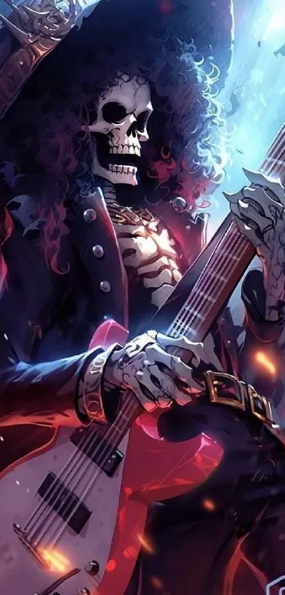 Skeleton guitarist in vibrant colors with a rock and fantasy theme.