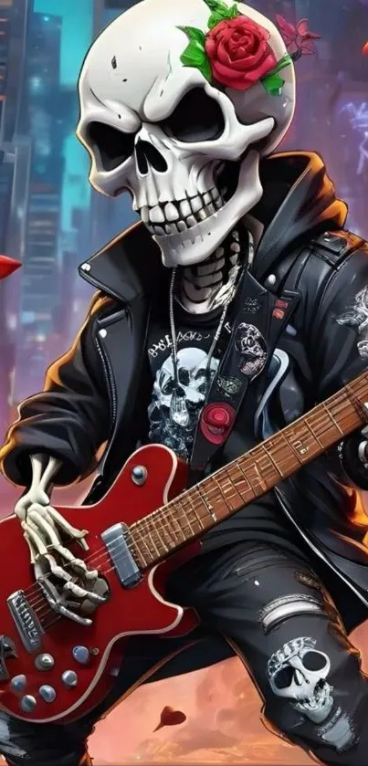 Skeleton with guitar in neon cityscape.