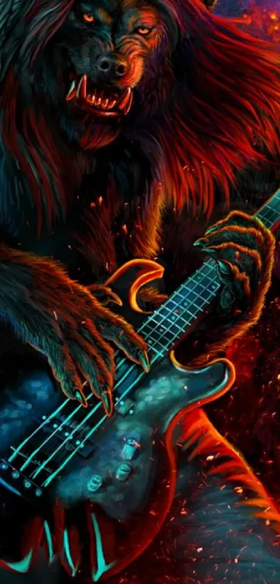 Werewolf playing electric guitar in fiery art.