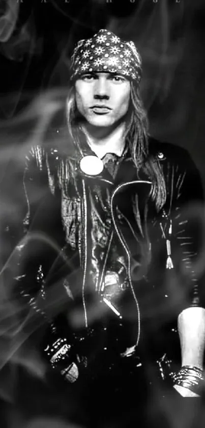 Black and white portrait of a rock musician with bandana and leather jacket.