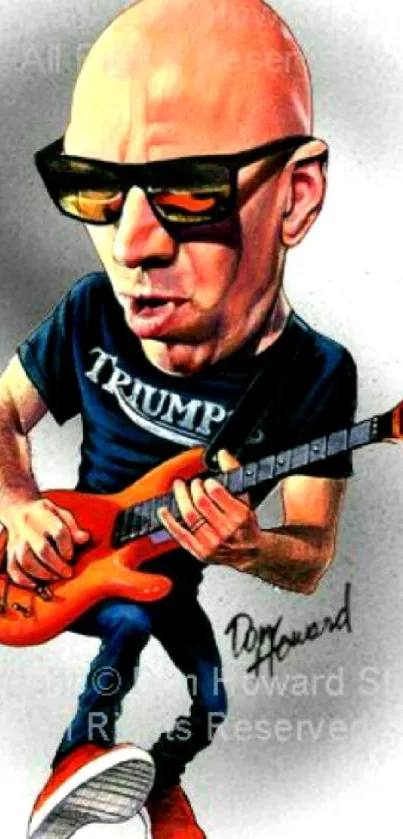 Caricature of rockstar playing guitar in vibrant colors.