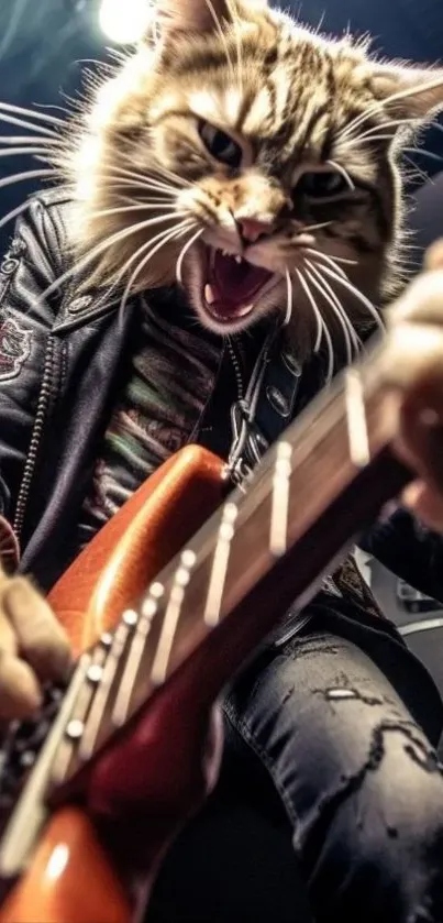 A cat wearing a jacket plays electric guitar on stage.