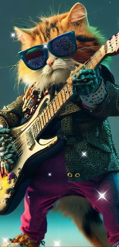 Cat in sunglasses playing guitar, stylish and fun mobile wallpaper.