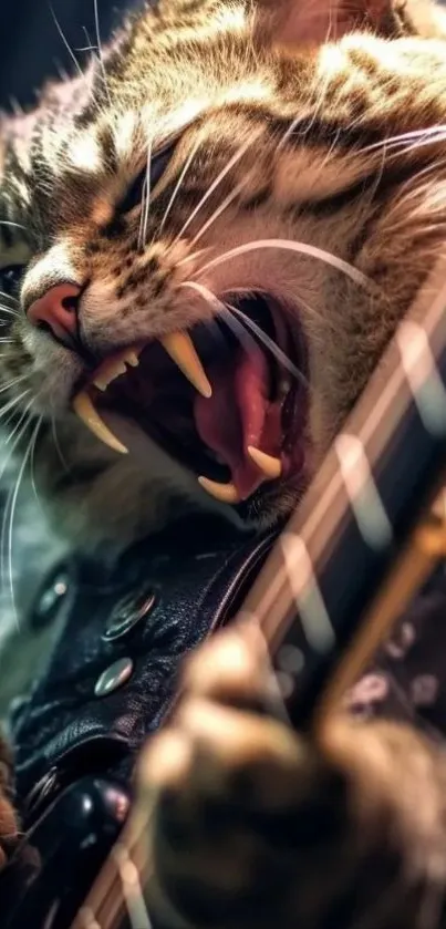 A cool cat shredding a guitar in style.