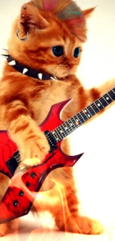 Cute punk-style cat playing guitar mobile wallpaper.