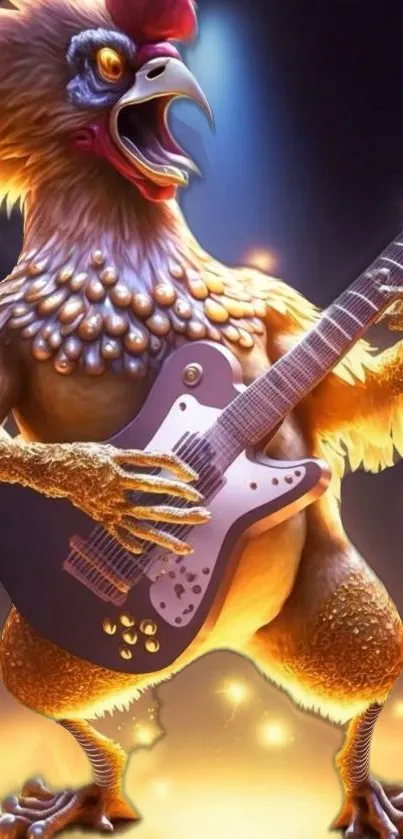 A vibrant chicken rockstar playing guitar on a colorful stage.