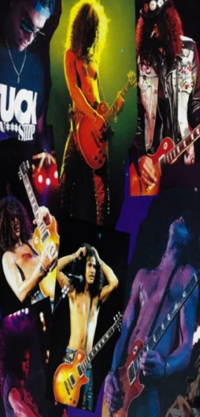 Collage of rockstars and guitars on a vibrant phone wallpaper.