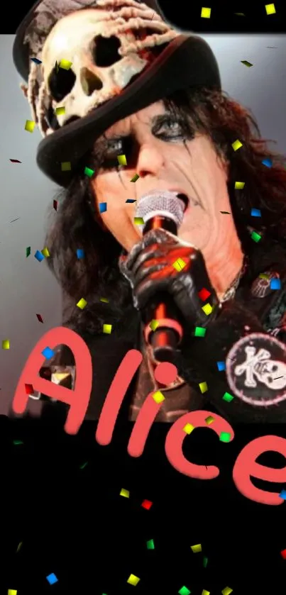 Rockstar with confetti and microphone on wallpaper.