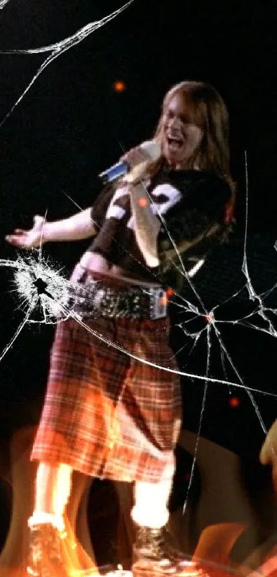 Energetic rockstar performing on stage in a kilt with dynamic energy.