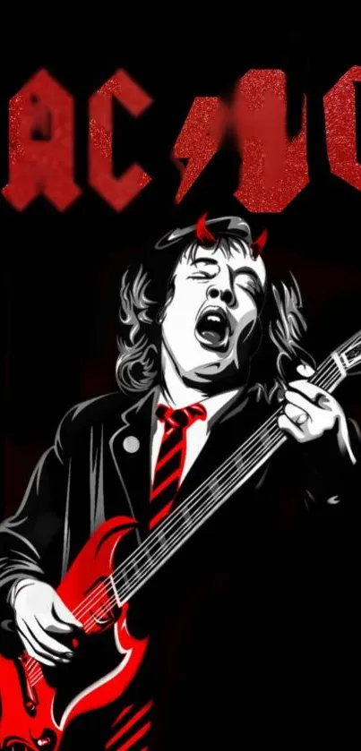 Rockstar performing guitar solo in vivid red, black, and white art.