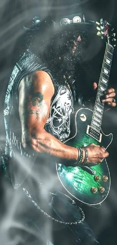 A rockstar playing guitar on stage with a dark green backdrop.