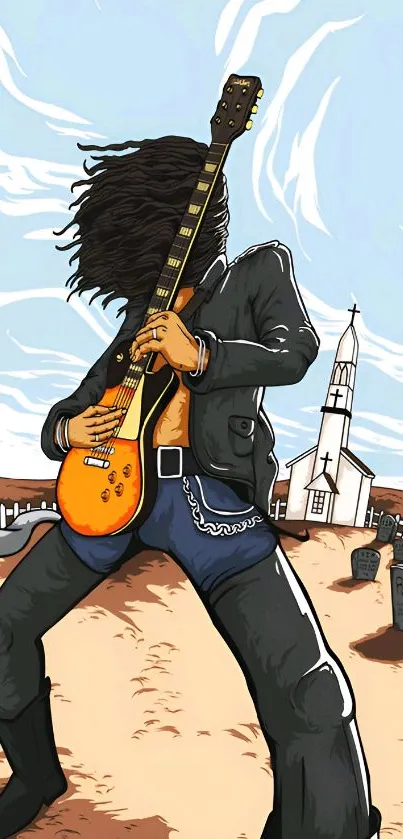 Cartoon guitarist playing in a desert with a church in the background.