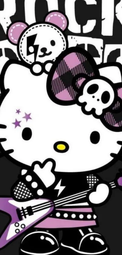 Hello Kitty rock star theme with guitar and black, purple accents.