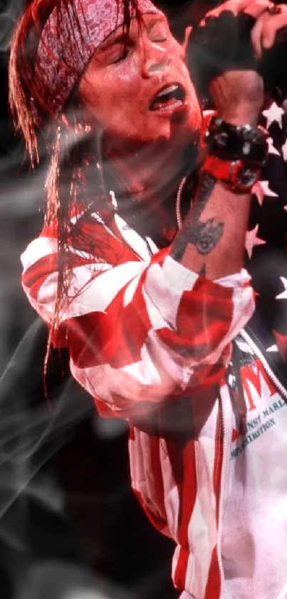 Rockstar performing with American flag outfit on stage.