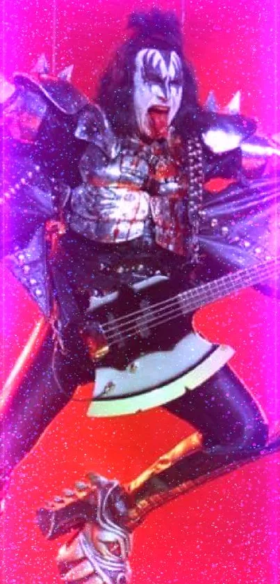 Dynamic rockstar performing on stage with red lighting.