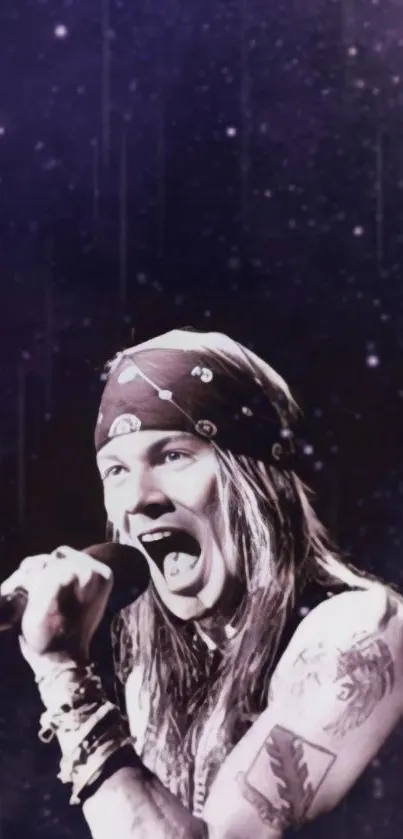 Rockstar passionately singing against a celestial galaxy backdrop.