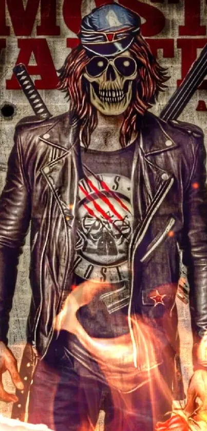 Skeleton rockstar in leather jacket with 'Most Wanted' text on grunge background.