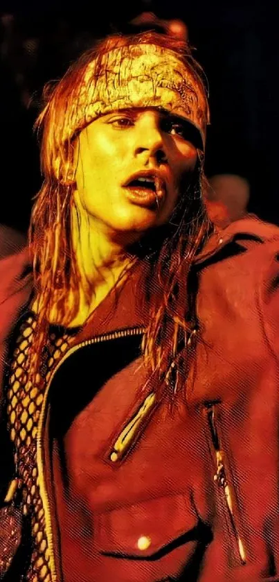 Rockstar in leather jacket on stage with blazing red-orange background.