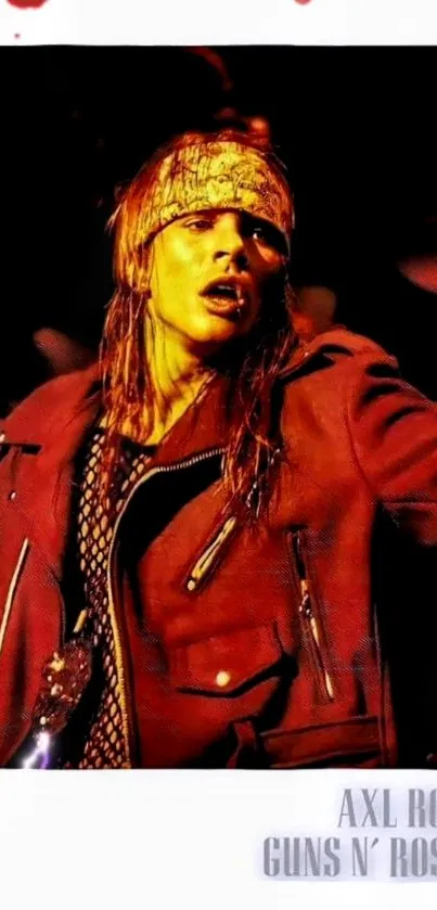 Iconic rockstar in red jacket on stage, vibrant energy.